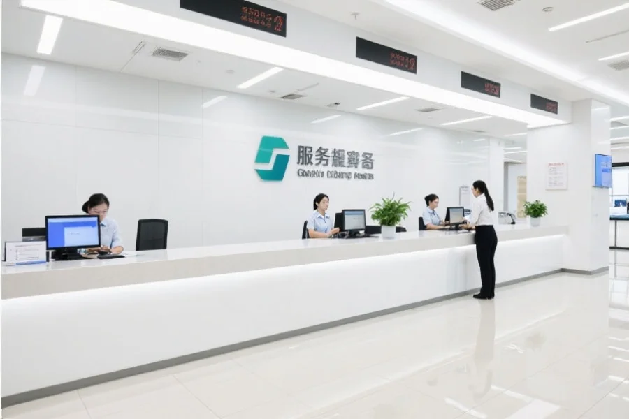 一个现代化的服务大厅，柜台后有工作人员正在为客户办理手续，环境明亮整洁